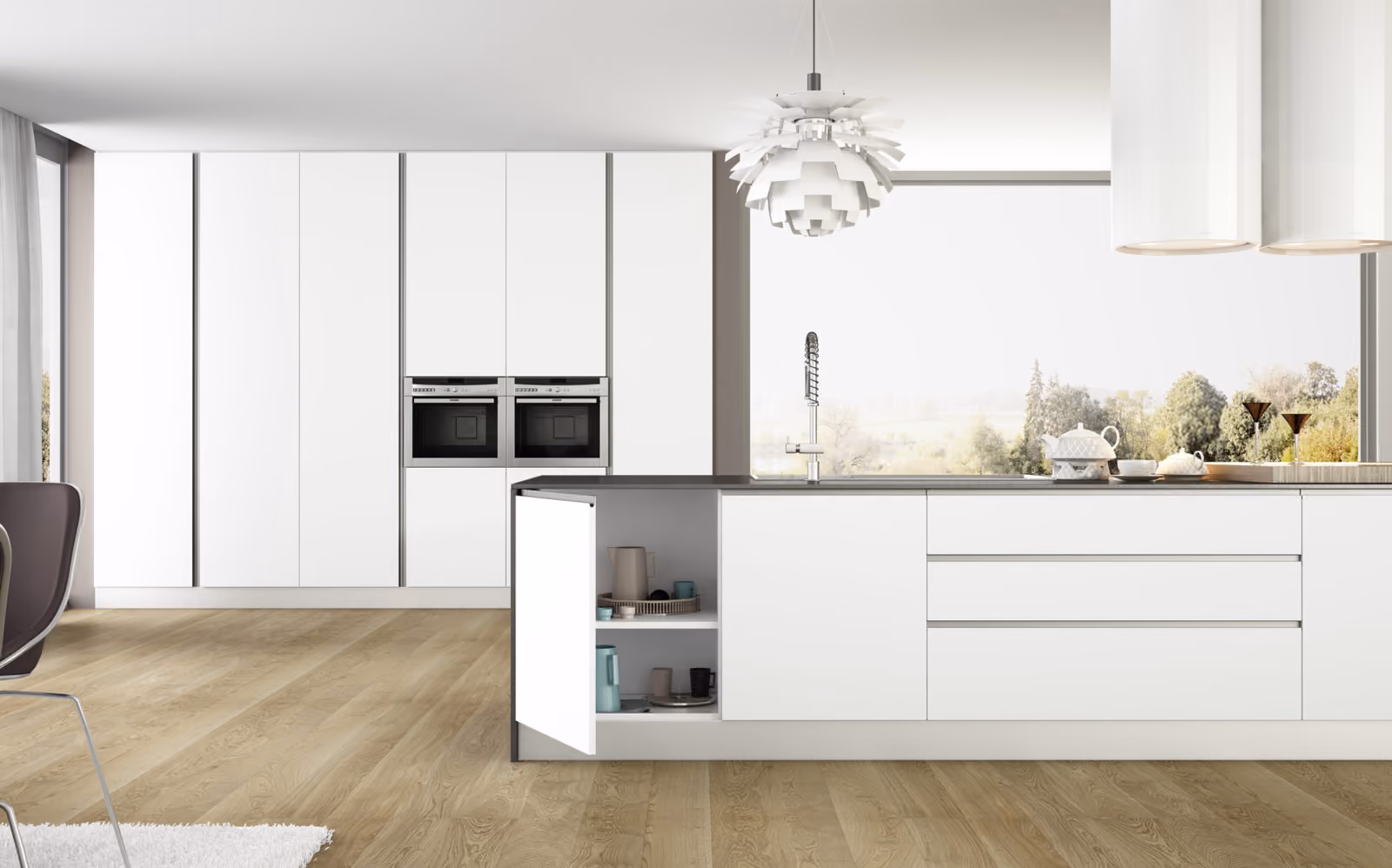 Cocina blanca mate con isla y tirador integrado